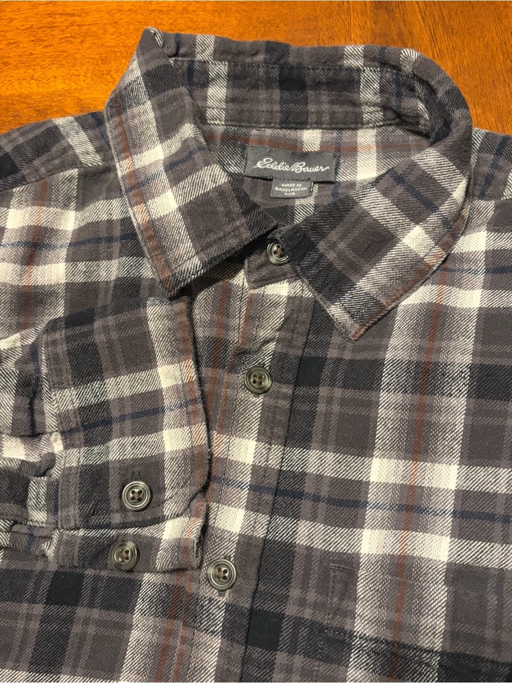 Eddie Bauer 100% Cotton Plaid Flannel Shirt Men’s Large Black Gray Brown